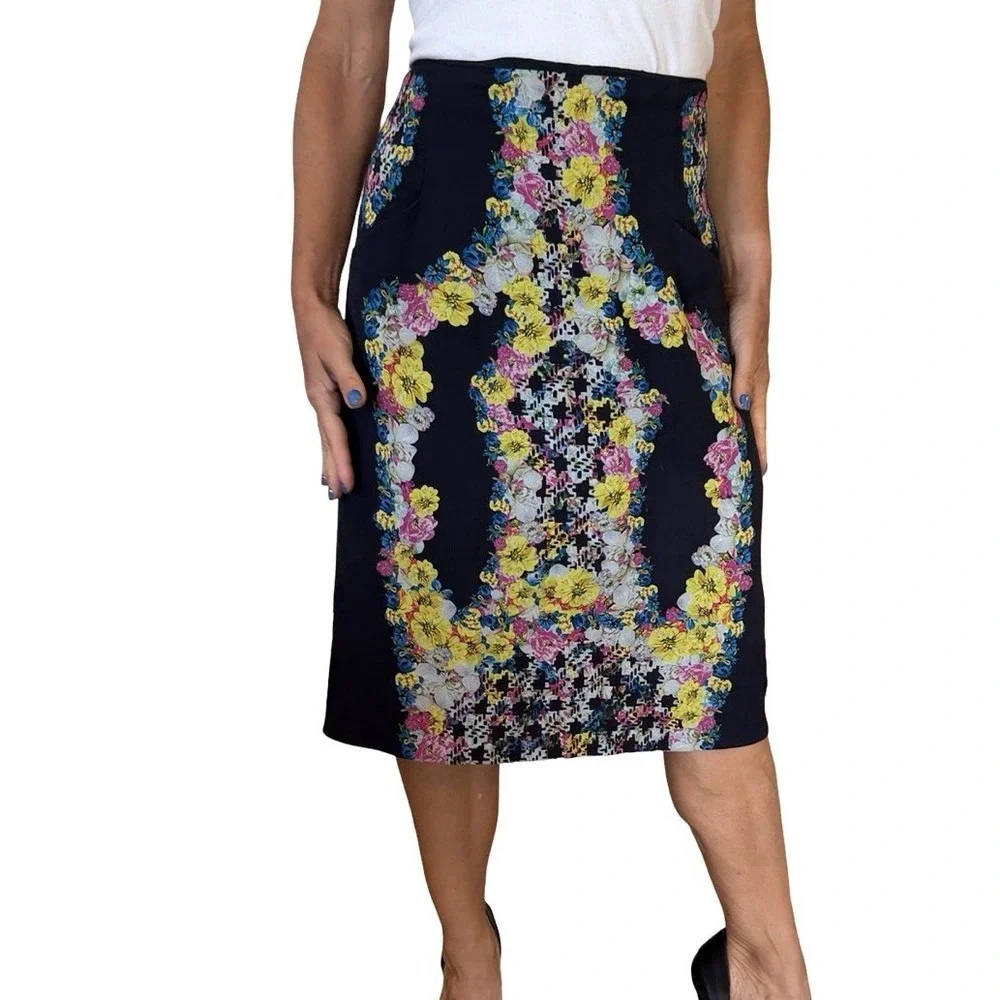 Erdem Skirt Women's 12 Pencil Silk Black Floral Digital Whimsical Dark Romance